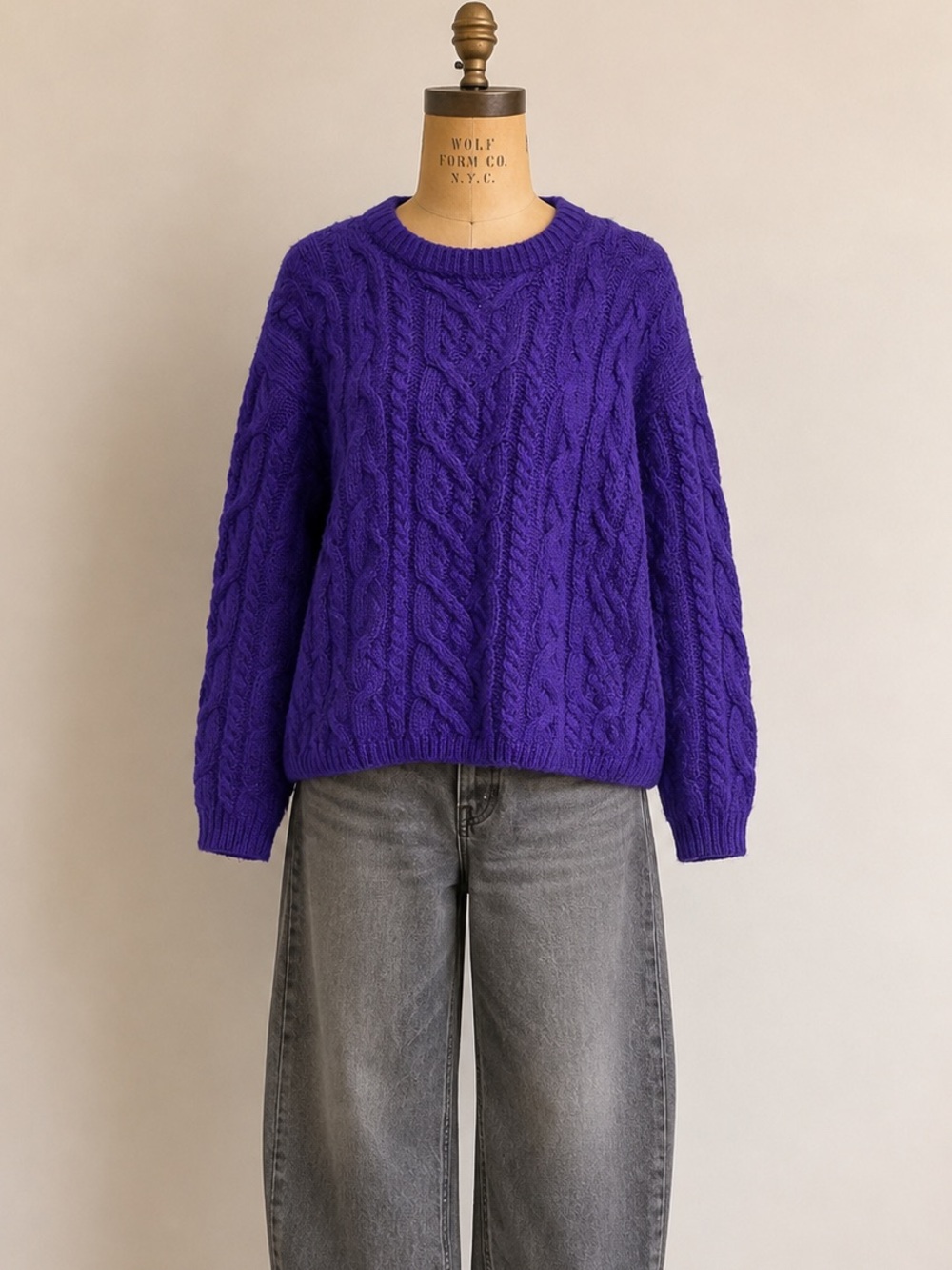 Vintage 1980s Scoop Vibrant Purple Acrylic Cable Knit Pullover Sweater